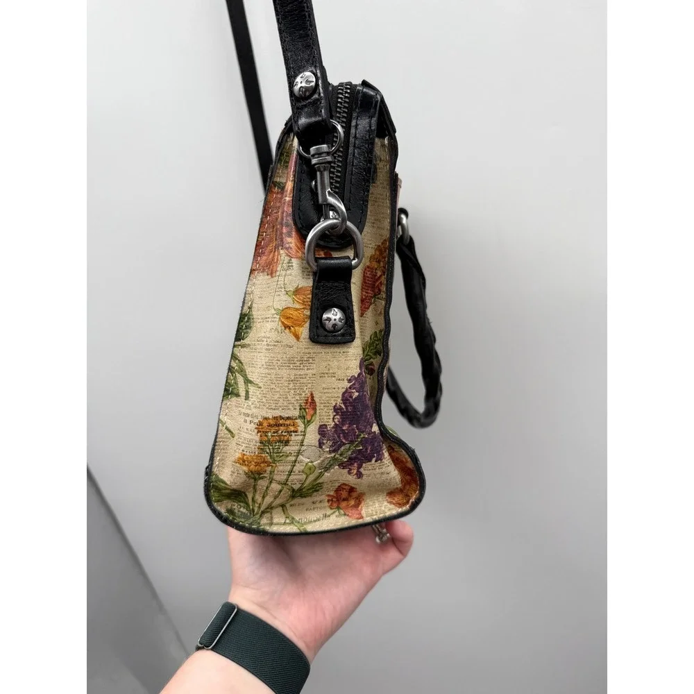 Patricia Nash Josselin Satchel Bag Floral Newsprint Convertible Crossbody Purse‎